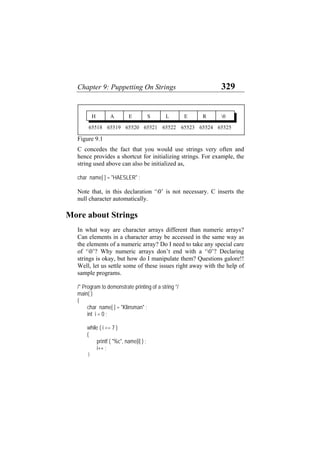 Chapter 9: Puppetting On Strings 329
Figure 9.1
655256552465523655226552165519 6552065518
0RELSEH A
C concedes the fact that you would use strings very often and
hence provides a shortcut for initializing strings. For example, the
string used above can also be initialized as,
char name[ ] = "HAESLER" ;
Note that, in this declaration ‘0’ is not necessary. C inserts the
null character automatically.
More about Strings
In what way are character arrays different than numeric arrays?
Can elements in a character array be accessed in the same way as
the elements of a numeric array? Do I need to take any special care
of ‘0’? Why numeric arrays don’t end with a ‘0’? Declaring
strings is okay, but how do I manipulate them? Questions galore!!
Well, let us settle some of these issues right away with the help of
sample programs.
/* Program to demonstrate printing of a string */
main( )
{
char name[ ] = "Klinsman" ;
int i = 0 ;
while ( i <= 7 )
{
printf ( "%c", name[i] ) ;
i++ ;
}
 