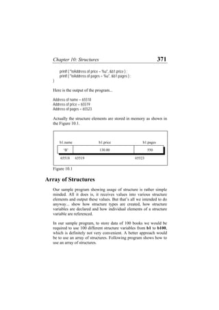 Chapter 10: Structures 371
printf ( "nAddress of price = %u", &b1.price ) ;
printf ( "nAddress of pages = %u", &b1.pages ) ;
}
Here is the output of the program...
Address of name = 65518
Address of price = 65519
Address of pages = 65523
Actually the structure elements are stored in memory as shown in
the Figure 10.1.
65518 65519 65523
‘B’ 550130.00
b1.priceb1.name b1.pages
Figure 10.1
Array of Structures
Our sample program showing usage of structure is rather simple
minded. All it does is, it receives values into various structure
elements and output these values. But that’s all we intended to do
anyway... show how structure types are created, how structure
variables are declared and how individual elements of a structure
variable are referenced.
In our sample program, to store data of 100 books we would be
required to use 100 different structure variables from b1 to b100,
which is definitely not very convenient. A better approach would
be to use an array of structures. Following program shows how to
use an array of structures.
 