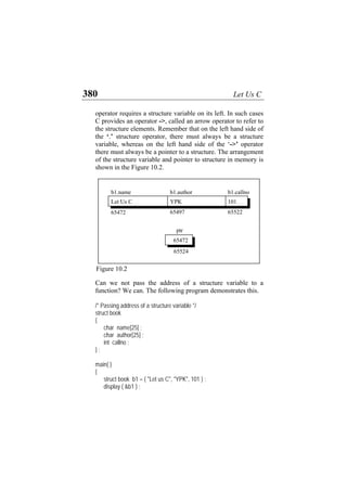 380 Let Us C
operator requires a structure variable on its left. In such cases
C provides an operator ->, called an arrow operator to refer to
the structure elements. Remember that on the left hand side of
the ‘.’ structure operator, there must always be a structure
variable, whereas on the left hand side of the ‘->’ operator
there must always be a pointer to a structure. The arrangement
of the structure variable and pointer to structure in memory is
shown in the Figure 10.2.
655226549765472
b1.name b1.author b1.callno
101YPKLet Us C
ptr
65524
65472
Figure 10.2
Can we not pass the address of a structure variable to a
function? We can. The following program demonstrates this.
/* Passing address of a structure variable */
struct book
{
char name[25] ;
char author[25] ;
int callno ;
} ;
main( )
{
struct book b1 = { "Let us C", "YPK", 101 } ;
display ( &b1 ) ;
 