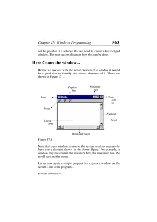 Chapter 17: Windows Programming 563
not be possible. To achieve this we need to create a full-fledged
window. The next section discusses how this can be done.
Here Comes the window…
Before we proceed with the actual creation of a window it would
be a good idea to identify the various elements of it. These are
shown in Figure 17.1.
Caption
Bar
Icon
Menu
Client
Area
Horizontal Scroll
Vertical
Scrol
Minimize
Box
Close
Butt
on
Figure 17.1
Note that every window drawn on the screen need not necessarily
have every element shown in the above figure. For example, a
window may not contain the minimize box, the maximize box, the
scroll bars and the menu.
Let us now create a simple program that creates a window on the
screen. Here is the program…
#include <windows.h>
 