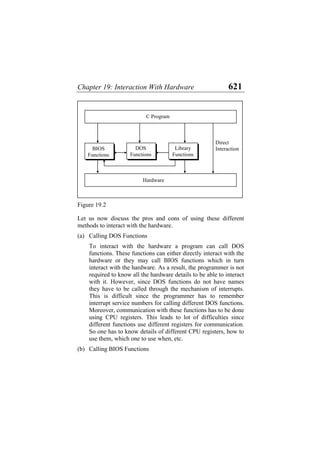 Chapter 19: Interaction With Hardware 621
DOS
Functions
Library
Functions
BIOS
Functions
Direct
Interaction
Hardware
C Program
Figure 19.2
Let us now discuss the pros and cons of using these different
methods to interact with the hardware.
(a)
(b)
Calling DOS Functions
To interact with the hardware a program can call DOS
functions. These functions can either directly interact with the
hardware or they may call BIOS functions which in turn
interact with the hardware. As a result, the programmer is not
required to know all the hardware details to be able to interact
with it. However, since DOS functions do not have names
they have to be called through the mechanism of interrupts.
This is difficult since the programmer has to remember
interrupt service numbers for calling different DOS functions.
Moreover, communication with these functions has to be done
using CPU registers. This leads to lot of difficulties since
different functions use different registers for communication.
So one has to know details of different CPU registers, how to
use them, which one to use when, etc.
Calling BIOS Functions
 