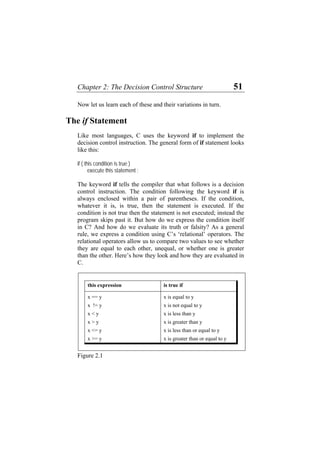 Chapter 2: The Decision Control Structure 51
Now let us learn each of these and their variations in turn.
The if Statement
Like most languages, C uses the keyword if to implement the
decision control instruction. The general form of if statement looks
like this:
if ( this condition is true )
execute this statement ;
The keyword if tells the compiler that what follows is a decision
control instruction. The condition following the keyword if is
always enclosed within a pair of parentheses. If the condition,
whatever it is, is true, then the statement is executed. If the
condition is not true then the statement is not executed; instead the
program skips past it. But how do we express the condition itself
in C? And how do we evaluate its truth or falsity? As a general
rule, we express a condition using C’s ‘relational’ operators. The
relational operators allow us to compare two values to see whether
they are equal to each other, unequal, or whether one is greater
than the other. Here’s how they look and how they are evaluated in
C.
this expression is true if
x == y x is equal to y
x != y x is not equal to y
x < y x is less than y
x > y x is greater than y
x <= y x is less than or equal to y
x >= y x is greater than or equal to y
Figure 2.1
 