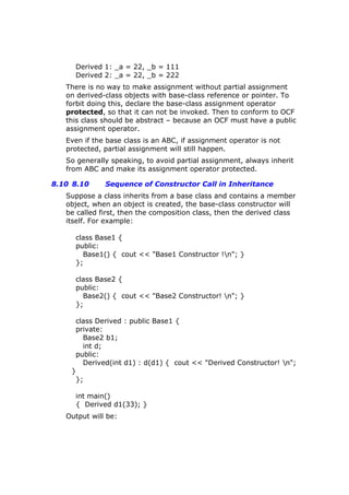 Derived 1: _a = 22, _b = 111
Derived 2: _a = 22, _b = 222
There is no way to make assignment without partial assignment
on derived-class objects with base-class reference or pointer. To
forbit doing this, declare the base-class assignment operator
protected, so that it can not be invoked. Then to conform to OCF
this class should be abstract – because an OCF must have a public
assignment operator.
Even if the base class is an ABC, if assignment operator is not
protected, partial assignment will still happen.
So generally speaking, to avoid partial assignment, always inherit
from ABC and make its assignment operator protected.
8.10 8.10 Sequence of Constructor Call in Inheritance
Suppose a class inherits from a base class and contains a member
object, when an object is created, the base-class constructor will
be called first, then the composition class, then the derived class
itself. For example:
class Base1 {
public:
Base1() { cout << "Base1 Constructor !n"; }
};
class Base2 {
public:
Base2() { cout << "Base2 Constructor! n"; }
};
class Derived : public Base1 {
private:
Base2 b1;
int d;
public:
Derived(int d1) : d(d1) { cout << "Derived Constructor! n";
}
};
int main()
{ Derived d1(33); }
Output will be:
 