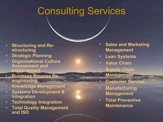 Consulting Services Structuring and Re-structuring Strategic Planning Organizational Culture Assessment and Improvement Business Process Re-engineering Knowledge Management Systems Development & Integration Technology Integration Total Quality Management and ISO Sales and Marketing Management Lean Systems Value Chain  Supply Chain Management Customer Service Manufacturing Management Total Preventive Maintenance  