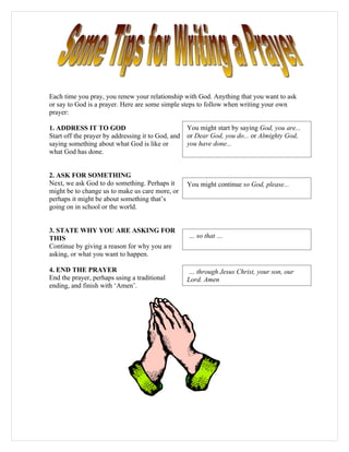 Each time you pray, you renew your relationship with God. Anything that you want to ask
or say to God is a prayer. Here are some simple steps to follow when writing your own
prayer:

1. ADDRESS IT TO GOD                                You might start by saying God, you are...
Start off the prayer by addressing it to God, and   or Dear God, you do... or Almighty God,
saying something about what God is like or          you have done...
what God has done.


2. ASK FOR SOMETHING
Next, we ask God to do something. Perhaps it        You might continue so God, please...
might be to change us to make us care more, or
perhaps it might be about something that’s
going on in school or the world.


3. STATE WHY YOU ARE ASKING FOR
THIS                                                … so that …
Continue by giving a reason for why you are
asking, or what you want to happen.

4. END THE PRAYER                                   … through Jesus Christ, your son, our
End the prayer, perhaps using a traditional         Lord. Amen
ending, and finish with ‘Amen’.
 