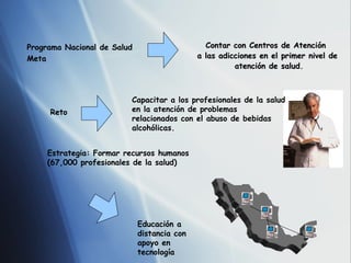 Programa Nacional de Salud                     Contar con Centros     de Atención
Meta                                         a las adicciones en el   primer nivel de
                                                       atención de    salud.
                                                                      salud



                         Capacitar a los profesionales de la salud
     Reto                en la atención de problemas
                         relacionados con el abuso de bebidas
                         alcohólicas.


     Estrategia: Formar recursos humanos
     (67,000 profesionales de la salud)




                             Educación a
                             distancia con
                             apoyo en
                             tecnología
 
