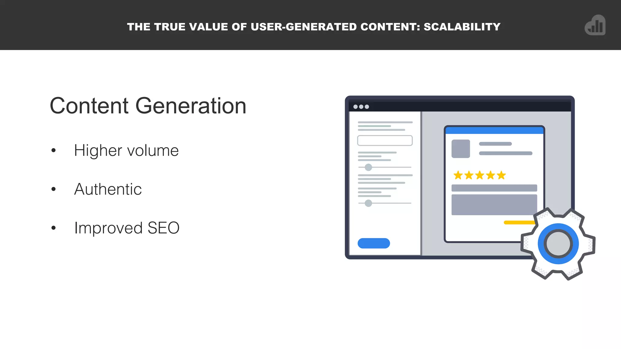 Content Generation
THE TRUE VALUE OF USER-GENERATED CONTENT: SCALABILITY
•  Higher volume!
•  Authentic !
•  Improved SEO!
 