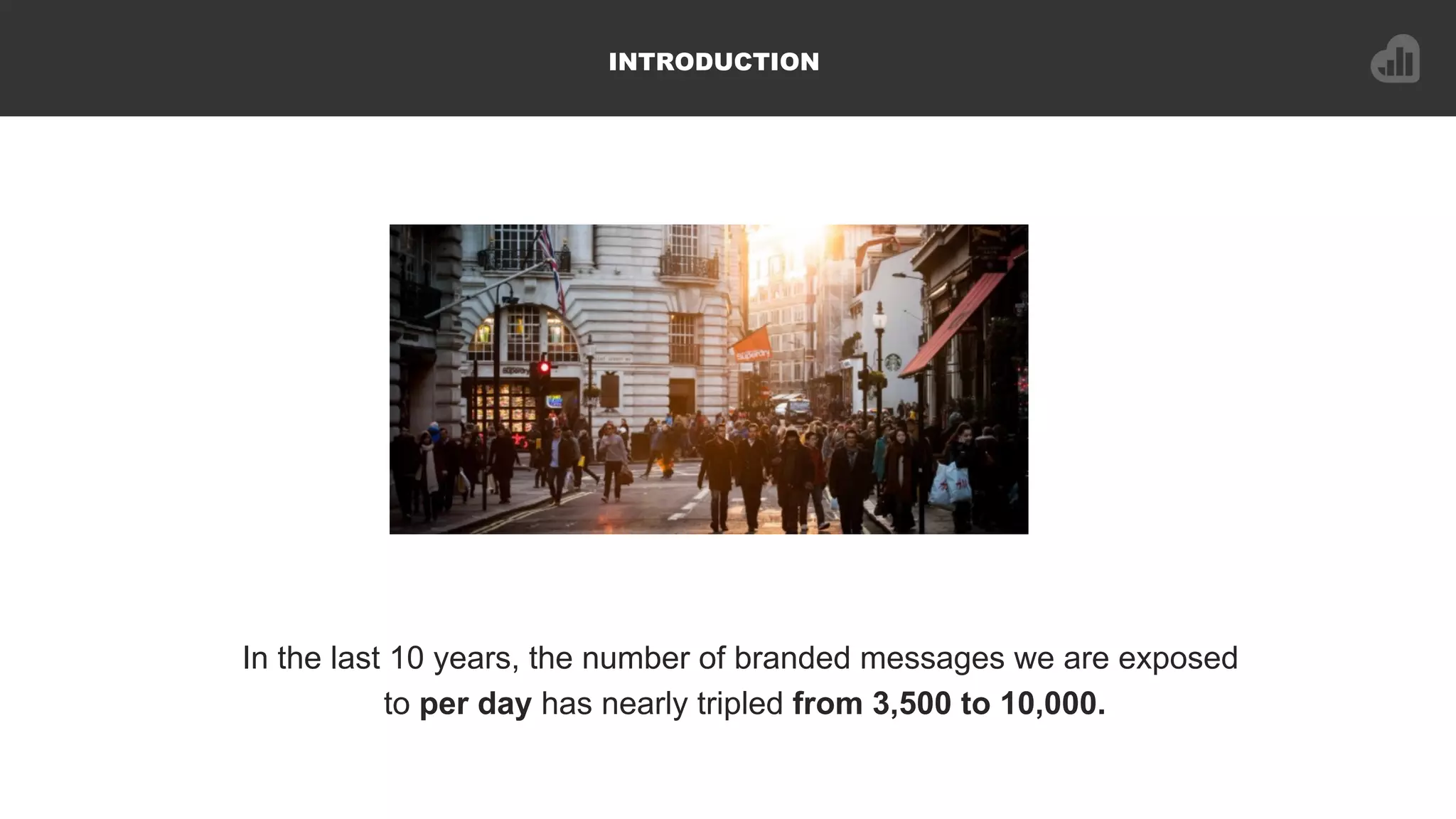INTRODUCTION
In the last 10 years, the number of branded messages we are exposed
to per day has nearly tripled from 3,500 to 10,000.
 