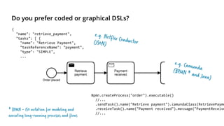 Bpmn.createProcess("order").executable()
//...
.sendTask().name("Retrieve payment").camundaClass(RetrievePayme
.receiveTask().name("Payment received").message("PaymentReceive
//...
{
"name": "retrieve_payment",
"tasks": [ {
"name": "Retrieve Payment",
"taskReferenceName": "payment",
"type": "SIMPLE",
...
Do you prefer coded or graphical DSLs?
* BPMN - ISO notation for modeling and
executing long-running processes and flows
 
