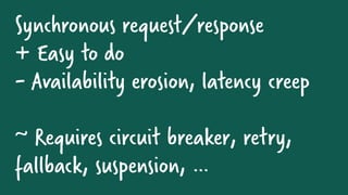 Synchronous request/response
+ Easy to do
- Availability erosion, latency creep
~ Requires circuit breaker, retry,
fallback, suspension, …
 