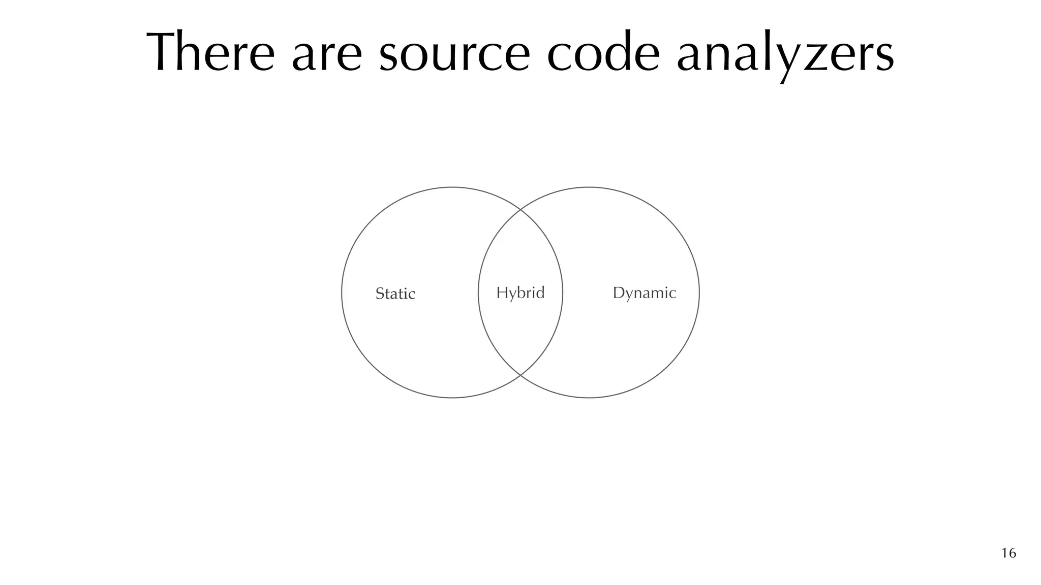 16
There are source code analyzers
Static Dynamic
Hybrid
 