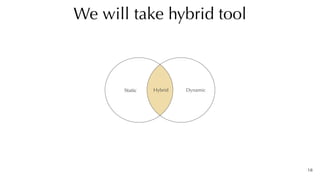 18
We will take hybrid tool
Static Dynamic
Hybrid
 