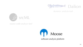 19
srcML
source code analysis tool
software analysis platform
Moose
Daikon
dynamic analysis tool
 
