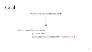 Goal
27
Which classes are deprecated?
self	allModelClasses	select:


														[	:eachClass	|


														eachClass	isAnnotatedWith:`Deprecated’]
 