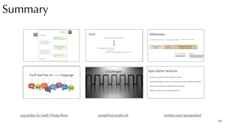 Summary
40
scg.unibe.ch/staff/Pooja-Rani twitter.com/poojaruhal
pooja@inf.unibe.ch
 