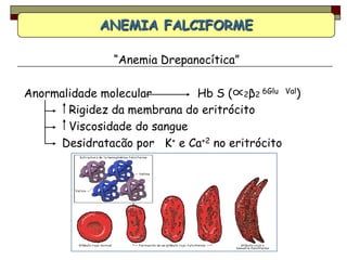 ANEMIA FALCIFORME

               “Anemia Drepanocítica”

Anormalidade molecular       Hb S (∝2β2 6Glu Val)
       Rigidez da membrana do eritrócito
       Viscosidade do sangue
     Desidratacão por K+ e Ca+2 no eritrócito
 