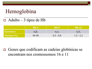 Hemoglobina
   Adulto – 3 tipos de Hb
                  Hb A         Hb F        Hb A2
Estrutura          α2β2         α2γ2         α2   2
Normal (%)        96-98       0,5 - 0,8    1,5 - 3,2




   Genes que codificam as cadeias globínicas se
    encontram nos cromossomos 16 e 11
 