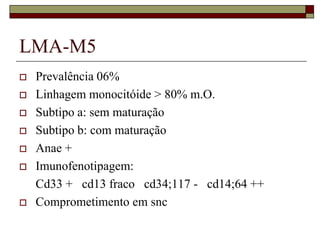 LMA-M5
   Prevalência 06%
   Linhagem monocitóide > 80% m.O.
   Subtipo a: sem maturação
   Subtipo b: com maturação
   Anae +
   Imunofenotipagem:
    Cd33 + cd13 fraco cd34;117 - cd14;64 ++
   Comprometimento em snc
 