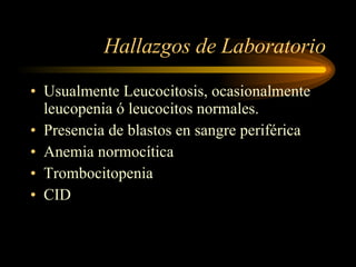 Hallazgos de Laboratorio Usualmente Leucocitosis, ocasionalmente leucopenia ó leucocitos normales. Presencia de blastos en sangre periférica Anemia normocítica Trombocitopenia CID 