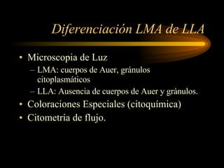 Diferenciación LMA de LLA Microscopia de Luz LMA: cuerpos de Auer, gránulos citoplasmáticos LLA: Ausencia de cuerpos de Auer y gránulos. Coloraciones Especiales (citoquímica) Citometría de flujo. 