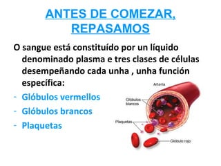 ANTES DE COMEZAR,
          REPASAMOS
O sangue está constituído por un líquido
  denominado plasma e tres clases de células
  desempeñando cada unha , unha función
  específica:
- Glóbulos vermellos
- Glóbulos brancos
- Plaquetas
 