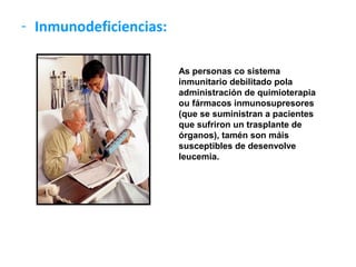 - Inmunodeficiencias:

                        As personas co sistema
                        inmunitario debilitado pola
                        administración de quimioterapia
                        ou fármacos inmunosupresores
                        (que se suministran a pacientes
                        que sufriron un trasplante de
                        órganos), tamén son máis
                        susceptibles de desenvolve
                        leucemia.
 