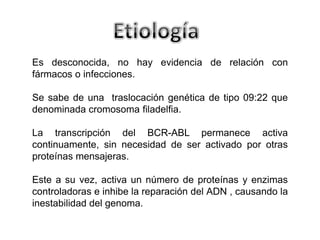 Es desconocida, no hay evidencia de relación con
fármacos o infecciones.
Se sabe de una traslocación genética de tipo 09:22 que
denominada cromosoma filadelfia.
La transcripción del BCR-ABL permanece activa
continuamente, sin necesidad de ser activado por otras
proteínas mensajeras.
Este a su vez, activa un número de proteínas y enzimas
controladoras e inhibe la reparación del ADN , causando la
inestabilidad del genoma.

 