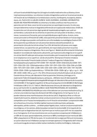 utilizaenlaactualidaddistinguelasLLA segúnel estadiomadurativode susblastosytiene
implicacionespronósticas.Lossíntomasinicialesal diagnósticosuelenserlaconsecuenciade la
infi ltraciónde loslinfoblastosenlamédulaósea:anemia,trombopenia,leucopenia,dolores
óseos,etc.PedIntXVI-6.indb455 21/09/12 16:04 LEUCEMIAS. LEUCEMIA LINFOBLÁSTICA
AGUDA 456 PEDIATRÍA INTEGRALlossíntomasy losdatos analíticosmásfrecuentesen
pacientesconLLA.Raras veceslasLLA se presentanconpancitopeniasevera.Eneste caso,
siempre deberemosrealizarel diagnósticodiferencial conlaaplasiade médulaósea.El 65% de
lospacientesconLLA presentanalgúngradode hepatoesplenomegalia,que suele ser
asintomática.Laduraciónde lossíntomas enpacientesconLLA puede serde días e,incluso,
meses.Laanorexiaesfrecuente,peronolapérdidade pesosignifi cativa.A veces,como
consecuenciade lainfiltraciónde laMO, estospacientespresentandoloresenhuesoslargose,
incluso,artralgiasque puedenconfundirnosconenfermedadesreumatológicas(hastael 25%
de lospacientesque debutanconLLA presentandoloresosteoarticulares)(4,5).La
presentaciónclínicade lasLLA de estirpe T(un15% del total de LLA) posee unosrasgos
característicos.Los pacientesson,generalmente,de mayoredadypresentanrecuentos
leucocitariosmayoresal diagnóstico.NoesraroFigura1. Modelode diferenciaciónlinfocitaria
basadoen losestadosde maduraciónydesarrollo,porlapresenciade antígenosenla superfi
cie celularidentifi cadosporanticuerposmonoclonalesyporla expresiónde inmunoglobulinas
enel citoplasmao enla superfi cie.LLA de célulasBPre-BtempranaTimocitoinmaduro
TimocitointermedioTimocitotardíoLinfocitoTmaduroProgenitor linfoide Célula
hematopoyéticapluripotencial TdT+CD34+ TdT+ HLA DR+ CD19+ CD10 (CALLA)±CD34+ TdT+
CD7+ CD2± CD3- CD1- CD3citoplasmático+CD5+ TdT+ CD7+ CD2+ CD1+ CD3± CD4+ y/o CD8+
CD5+ TdT± CD7+ CD2+ CD4+ o CD8+ CD5+ CD3+ CD3+ CD4+ o CD8+ CD7+ CD5+ TdT+ HLA DR+
CD19+ CD10+ CD20+ Ig citoplasmáticaμ+ TdTHLA DR+ CD19+ CD20+ IgC μ + IgS μ + g y h - HLA
DR+ CD19+ CD20+ CR2 μ+, g o h + Pre-BPre-Btransicional LinfocitoBmaduroLLA de célulasT
Característicasclínicas yde laboratorio% de lospacientes Síntomasyhallazgosenla
exploraciónFiebre 61Sangrado(púrpura,petequias...)48 Doloróseo23 Adenopatía50
Esplenomegalia63 Hepatoesplenomegalia68 Hallazgosde laboratorioRecuentode leucocitos
(mm3) 50.000 17 Hemoglobina(g/dl)11 12 Recuentoplaquetas(mm3) 100.000 25 Morfología
linfoblastosL184 L2 15 L3 1 Tabla III.Manifestacionesclínicasyde laboratorioal diagnóstico
de las LLA PedIntXVI-6.indb456 21/09/12 16:04 PEDIATRÍA INTEGRAL 457 LEUCEMIAS.
LEUCEMIA LINFOBLÁSTICA AGUDA que estos niñosdebutenconunamasa mediastínica(Fig.2)
y tienenunaincidenciamayorde afectacióndel SNCal diagnóstico.Enlasfi guras 3 y 4, se
puedenobservarotrasmanifestacionesclínicasde lasLLA(7).DiagnósticoAnte unniñocon
sospechade leucemia, debemosrealizarunabuenaanamnesisenbuscade signosysíntomas
compatiblesconel fracasohematopoyéticoolainfi ltraciónextramedular.Laexploracióndebe
serexhaustivayminuciosa.Se debe explorarlapresenciade equimosis,petequias,
adenopatías,palidezcutánea…,se debenpalparhígadoybazo, realizarunabuenaexploración
neurológicay,enlosvarones,debemospalparsiemprelostestículos(8).Enlamayoría de los
pacientesque se diagnosticande LLA,loprimeroque se realizayque confi rma las sospechas
esun hemograma.En él nosencontramosconuna leucocitosisaexpensasde linfoblastosen
un 50% de loscasos aproximadamente,anemiaenel 80% y trombopenia(conmenosde 100 x
109/L plaquetas) enel 75% de loscasos. En la extensiónde lasangre periféricaal microscopio,
se suelenobservarloslinfoblastos(aunque nosiempre aparecen).El diagnósticodefi nitivode
una leucemiaagudasiemprese debe realizarmediante el análisismorfológico,moleculary
 