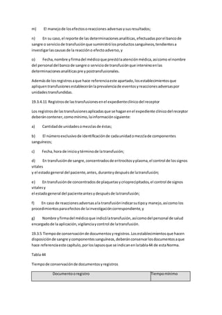 m) El manejode losefectosoreacciones adversasysusresultados;
n) En su caso,el reporte de las determinacionesanalíticas,efectuadasporel bancode
sangre o serviciode transfusiónque suministrólosproductossanguíneos,tendientesa
investigarlascausasde la reaccióno efectoadverso,y
o) Fecha,nombre yfirmadel médicoque prestólaatenciónmédica,asícomo el nombre
del personal del bancode sangre o serviciode transfusiónque intervinoenlas
determinacionesanalíticaspre ypostransfusionales.
Ademásde losregistrosaque hace referenciaeste apartado,losestablecimientosque
apliquentransfusionesestableceránlaprevalenciade eventosyreaccionesadversaspor
unidadestransfundidas.
19.3.4.11 Registrosde lastransfusionesenel expedienteclínicodel receptor
Los registrosde lastransfusionesaplicadasque se haganenel expediente clínicodel receptor
deberáncontener,comomínimo,lainformaciónsiguiente:
a) Cantidadde unidadesomezclasde éstas;
b) El númeroexclusivode identificaciónde cadaunidadomezclade componentes
sanguíneos;
c) Fecha,hora de inicioytérminode la transfusión;
d) En transfusiónde sangre,concentradosde eritrocitosyplasma,el control de lossignos
vitales
y el estadogeneral del paciente,antes, duranteydespuésde latransfusión;
e) En transfusiónde concentradosde plaquetasycrioprecipitados,el control de signos
vitalesy
el estadogeneral del pacienteantesydespuésde latransfusión;
f) En caso de reaccionesadversasala transfusiónindicarsutipoy manejo,asícomo los
procedimientosparaefectosde lainvestigacióncorrespondiente,y
g) Nombre yfirmadel médicoque indicólatransfusión,asícomodel personal de salud
encargadode la aplicación,vigilanciaycontrol de latransfusión.
19.3.5 Tiempode conservaciónde documentosyregistros.Losestablecimientosque hacen
disposiciónde sangre ycomponentessanguíneos,deberánconservarlosdocumentosaque
hace referenciaeste capítulo,porloslapsosque se indicanenlatabla44 de estaNorma.
Tabla 44
Tiempode conservaciónde documentosyregistros
Documentooregistro Tiempomínimo
 