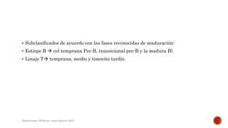  Subclasificados de acuerdo con las fases reconocidas de maduración:
 Estirpe B  cel temprana Pre-B, transicional pre-B y la madura B).
 Linaje T temprana, medio y timocito tardío.
Hematologia, Williams, sexta edicion; 2007.
 