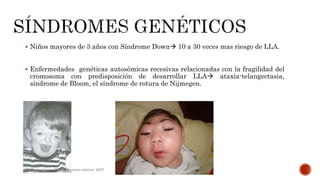  Niños mayores de 3 años con Síndrome Down 10 a 30 veces mas riesgo de LLA.
 Enfermedades genéticas autosómicas recesivas relacionadas con la fragilidad del
cromosoma con predisposición de desarrollar LLA ataxia-telangectasia,
síndrome de Bloom, el síndrome de rotura de Nijmegen.
Hematologia, Williams, sexta edicion; 2007.
 
