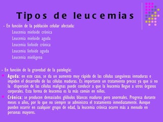 Tipos de leucemias - En función de la población celular afectada: Leucemia mieloide crónica Leucemia mieloide aguda Leucemia linfoide crónica   Leucemia linfoide aguda   Leucemia mielógena   - En función de la gravedad de la patología: Aguda : en este caso, se da un aumento muy rápido de las células sanguíneas inmaduras e impiden el desarrollo de las células maduras. Es importante un tratamiento precoz ya que si no la  dispersión de las células malignas puede conducir a que la leucemia llegue a otros órganos corporales. Esta forma de leucemia es la más común en niños.  Crónica : se producen demasiados glóbulos blancos maduros pero anormales. Progresa durante meses o años, por lo que no siempre se administra el tratamiento inmediatamente. Aunque pueden ocurrir en cualquier grupo de edad, la leucemia crónica ocurre más a menudo en personas mayores.   