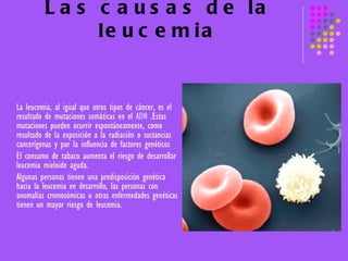 Las causas de la leucemia La leucemia, al igual que otros tipos de cáncer, es el resultado de mutaciones somáticas en el  ADN  .Estas mutaciones pueden ocurrir espontáneamente, como resultado de la exposición a la radiación o sustancias cancerígenas y por la influencia de factores genéticos El consumo de tabaco aumenta el riesgo de desarrollar leucemia mieloide aguda.  Algunas personas tienen una predisposición genética hacia la leucemia en desarrollo, las personas con anomalías cromosómicas u otras enfermedades genéticas tienen un mayor riesgo de leucemia.  