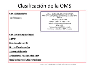 Clasificación de la OMS
Con traslocaciones
recurrentes
Con cambios relacionados
a SMD
Relacionada con Rp
No clasificadas arriba
Sarcoma Mieloide
Alteraciones relacionadas a SD
Neoplasias de células dendríticas
LAM con t(8;21)(q22;q22);RUNX1-RUNX1T1
AML con inv(16)8p13.1q22) o t(16;16)(p13.1q22) CBFB-
MYH11
LPA t(15;17) PLM-RARA
LAM t(9;11)(p22;q23) MLLT3-MLL
LAMt(6;9)(p23;q34)DEK-NUMP214
LAM inv(3)
Provisional entidad NPM1 mutado
Provisional entidad con CEBPA mutado
Vardiman James W. et al. The 2008 revision of the World Health Organization (WHO)
 