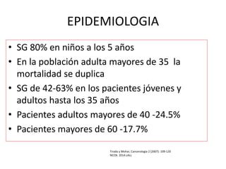 EPIDEMIOLOGIA
• SG 80% en niños a los 5 años
• En la población adulta mayores de 35 la
mortalidad se duplica
• SG de 42-63% en los pacientes jóvenes y
adultos hasta los 35 años
• Pacientes adultos mayores de 40 -24.5%
• Pacientes mayores de 60 -17.7%
Tirado y Mohar, Cancerología 2 (2007): 109-120
NCCN. 2014.LALL
 