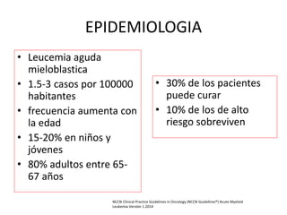 EPIDEMIOLOGIA
• Leucemia aguda
mieloblastica
• 1.5-3 casos por 100000
habitantes
• frecuencia aumenta con
la edad
• 15-20% en niños y
jóvenes
• 80% adultos entre 65-
67 años
• 30% de los pacientes
puede curar
• 10% de los de alto
riesgo sobreviven
NCCN Clinical Practice Guidelines in Oncology (NCCN Guidelines®) Acute Myeloid
Leukemia Versión 1.2014
 