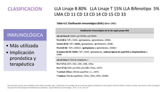 CLASIFICACION
INMUNOLÓGICA
• Más utilizada
• Implicación
pronóstica y
terapéutica
LLA Linaje B 80% LLA Linaje T 15% LLA Bifenotipo 5%
LMA CD 11 CD 13 CD 14 CD 15 CD 33
Elisa Dorantes Acosta, Aurora Medina, Karla Davila, briceida Lopez. Clasificación inmunológica de las leucemias agudas linfoblásticas del Hospital Infantil de México Federico Gómez, de acuerdo al EGIL (European
Group for the Immunological Classification of Leukemia) . Gaceta Mexicana de Oncologia . 2013; 12 (3) :136-142
 