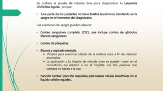 Se prefiere la prueba de médula ósea para diagnosticar la Leucemia 
Linfocítica Aguda, porque: 
• Una parte de los pacientes no tiene blastos leucémicos circulando en la 
sangre en el momento del diagnóstico. 
Los exámenes de sangre pueden abarcar: 
• Conteo sanguíneo completo (CSC), que incluye conteo de glóbulos 
blancos sanguíneos. 
• Conteo de plaquetas. 
• Biopsia y aspirado medular. 
 Prueba para examinar células de la médula ósea a fin de detectar 
anomalías. 
 La aspiración y la biopsia de médula ósea se pueden hacer en el 
consultorio del médico o en el hospital. Las dos pruebas casi 
siempre se hacen a la vez. 
• Punción lumbar (punción raquídea) para buscar células leucémicas en el 
líquido cefalorraquídeo. 
 