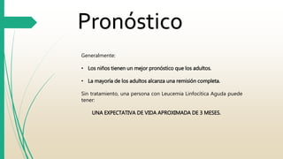 Pronóstico 
Generalmente: 
• Los niños tienen un mejor pronóstico que los adultos. 
• La mayoría de los adultos alcanza una remisión completa. 
Sin tratamiento, una persona con Leucemia Linfocítica Aguda puede 
tener: 
UNA EXPECTATIVA DE VIDA APROXIMADA DE 3 MESES. 
