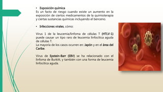 • Exposición química 
Es un facto de riesgo cuando existe un aumento en la 
exposición de ciertos medicamentos de la quimioterapia 
y ciertas sustancias químicas incluyendo el benceno. 
• Infecciones virales, cómo: 
Virus 1 de la leucemia/linfoma de células T (HTLV-1) 
puede causar un tipo raro de leucemia linfocítica aguda 
de células T. 
La mayoría de los casos ocurren en: Japón y en el área del 
Caribe. 
Virus de Epstein-Barr (EBV) se ha relacionado con el 
linfoma de Burkitt, y también con una forma de leucemia 
linfocítica aguda. 
 