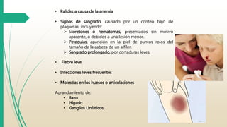 • Palidez a causa de la anemia 
• Signos de sangrado, causado por un conteo bajo de 
plaquetas, incluyendo: 
 Moretones o hematomas, presentados sin motivo 
aparente, o debidos a una lesión menor. 
 Petequias, aparición en la piel de puntos rojos del 
tamaño de la cabeza de un alfiler. 
 Sangrado prolongado, por cortaduras leves. 
• Fiebre leve 
• Infecciones leves frecuentes 
• Molestias en los huesos o articulaciones 
Agrandamiento de: 
• Bazo 
• Hígado 
• Ganglios Linfáticos 
 