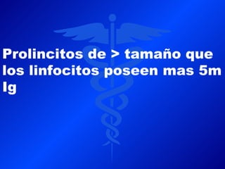 Prolincitos de > tamaño que
los linfocitos poseen mas 5m
Ig
 