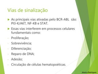 Vias de sinalização
 As principais vias ativadas pelo BCR-ABL são:
PI3-K/AKT, NF-KB e STAT.
 Essas vias interferem em processos celulares
fundamentais como:
- Proliferação;
- Sobrevivência;
- Diferenciação;
- Reparo de DNA;
- Adesão;
- Circulação de células hematopoéticas.
Jéssica Rodrigues
 