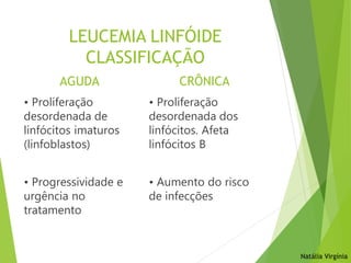 LEUCEMIA LINFÓIDE
CLASSIFICAÇÃO
AGUDA
• Proliferação
desordenada de
linfócitos imaturos
(linfoblastos)
• Progressividade e
urgência no
tratamento
CRÔNICA
• Proliferação
desordenada dos
linfócitos. Afeta
linfócitos B
• Aumento do risco
de infecções
Natália Virgínia
 