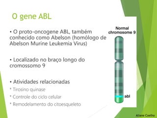 O gene ABL
• O proto-oncogene ABL, também
conhecido como Abelson (homólogo de
Abelson Murine Leukemia Virus)
• Localizado no braço longo do
cromossomo 9
• Atividades relacionadas
* Tirosino quinase
* Controle do ciclo celular
* Remodelamento do citoesqueleto
Aliane Coelho
 