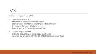 M3
Existen dos tipos de LMA M3
1. Tipo hipergranular M3
Mas del 30% son células mieloblasticas
Promielocitos abundantes en gránulos citoplasmáticos
Núcleos reniformes o bilobulados
Intensa coloración de antígenos mieloides
2. Tipo microgranular M3
Gránulos pequeños por microscopia electrónica
Ausencia del antígeno DR(1ª) (HLA-DR1a) (Cartometría de flujo)
LEUKEMIA & LYMPHOMA SOCIETY ®; 2014
 