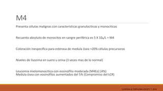 M4
Presenta células malignas con características granulociticas y monociticas
Recuento absoluto de monocitos en sangre periférica es 5 X 10₉/L = M4
Coloración inespecífica para esterasa de medula ósea +20% células precursoras
Niveles de lisozima en suero u orina (3 veces mas de lo normal)
Leucemia mielomonocitica con eosinofilia moderada (M4Eo) (4%)
Medula ósea con eosinofilos aumentados del 5% (Compromiso del LCR)
LEUKEMIA & LYMPHOMA SOCIETY ®; 2014
 