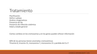 Tratamiento
Planificación:
Definir subtipo
Análisis citogeneticos
Presencia de Qx
Presencia de infección sistémica
Edad y estado general
Ciertos cambios en los cromosomas y en los genes pueden ofrecer información
60% de las personas tienen anomalías cromosómicas
Trisomía 8, trisomía 21, monosomia 7, monosomia 21 y perdida de X o Y
LEUKEMIA & LYMPHOMA SOCIETY ®; 2014
 
