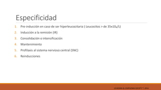 Especificidad
1. Pre-inducción en caso de ser hiperleucocitaria ( Leucocitos > de 35x10₉/L)
2. Inducción a la remisión (IR)
3. Consolidación o intensificación
4. Mantenimiento
5. Profilaxis al sistema nervioso central (SNC)
6. Reinducciones
LEUKEMIA & LYMPHOMA SOCIETY ®; 2014
 
