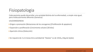 Fisiopatologia
Cada paciente puede desarrollar una variedad distinta de la enfermedad, a simple vista igual,
pero molecularmente diferente (Genetica)
LEUCEMOGENESIS
Origen o promoción (Mutaciones de los oncogenes) [Proliferación & apoptosis]
Expansión o proliferación (Crecimiento celular) [30 días]
Aparición clínica (Detección)
Se requiere de 2 a 6 meses & la cantidad de “blastos” es de 1X10₁₂ (1kg de tejido)
LEUKEMIA & LYMPHOMA SOCIETY ®; 2014
 